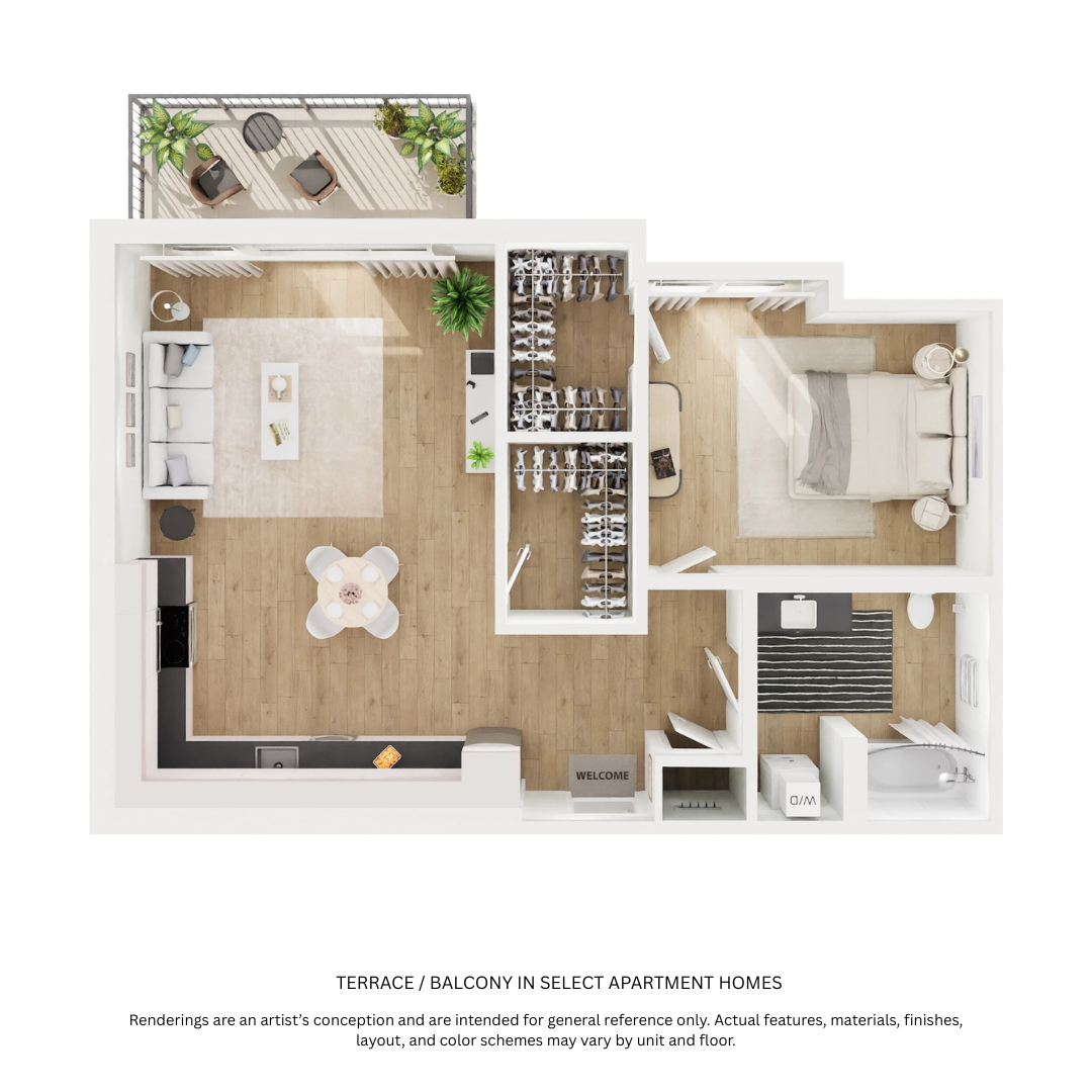 Floor plan for 1 bed, 1 bath, 773 sqft